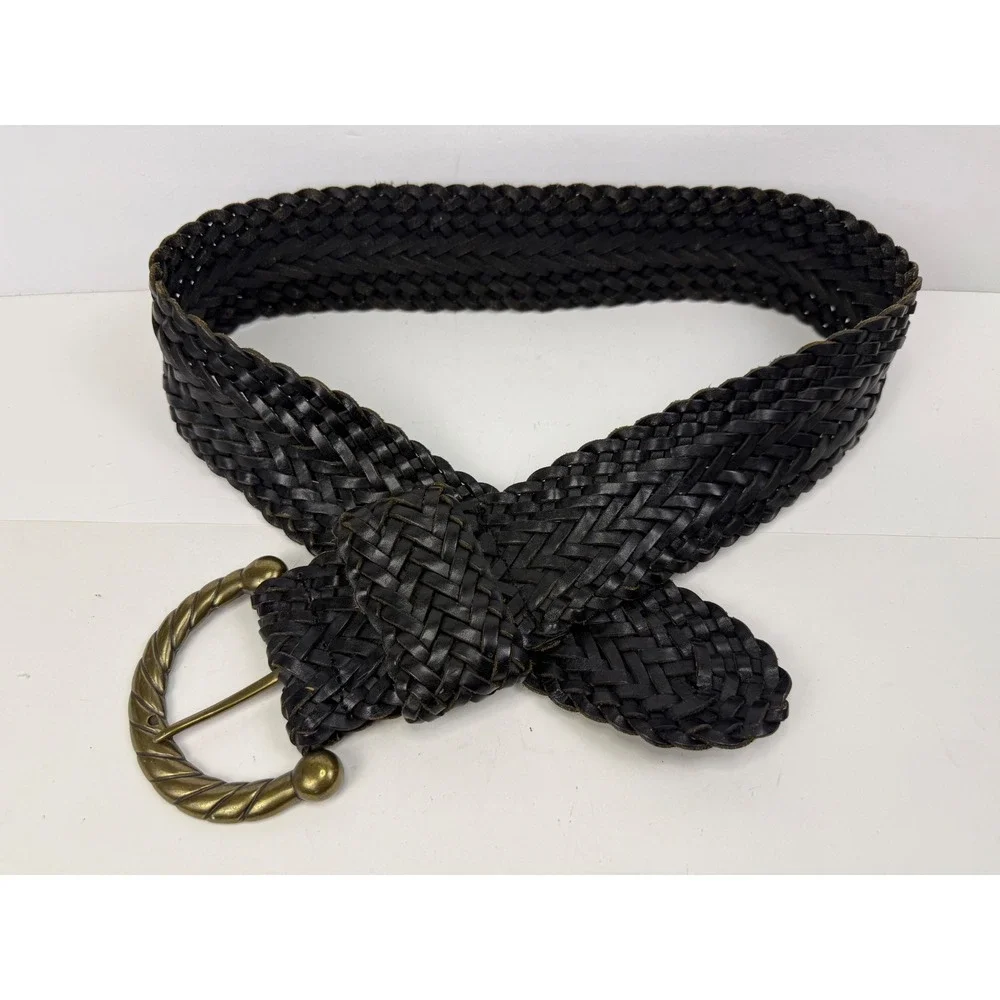 Club Monaco Dark Black Braided Leather Belt Wide Brass Rope Buckle VTG